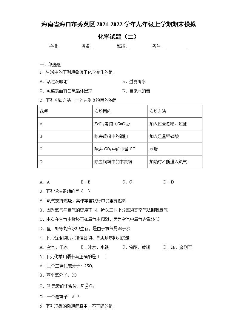 海南省海口市秀英区2021-2022学年九年级上学期期末模拟化学试题(二)(word版 含答案)第1页