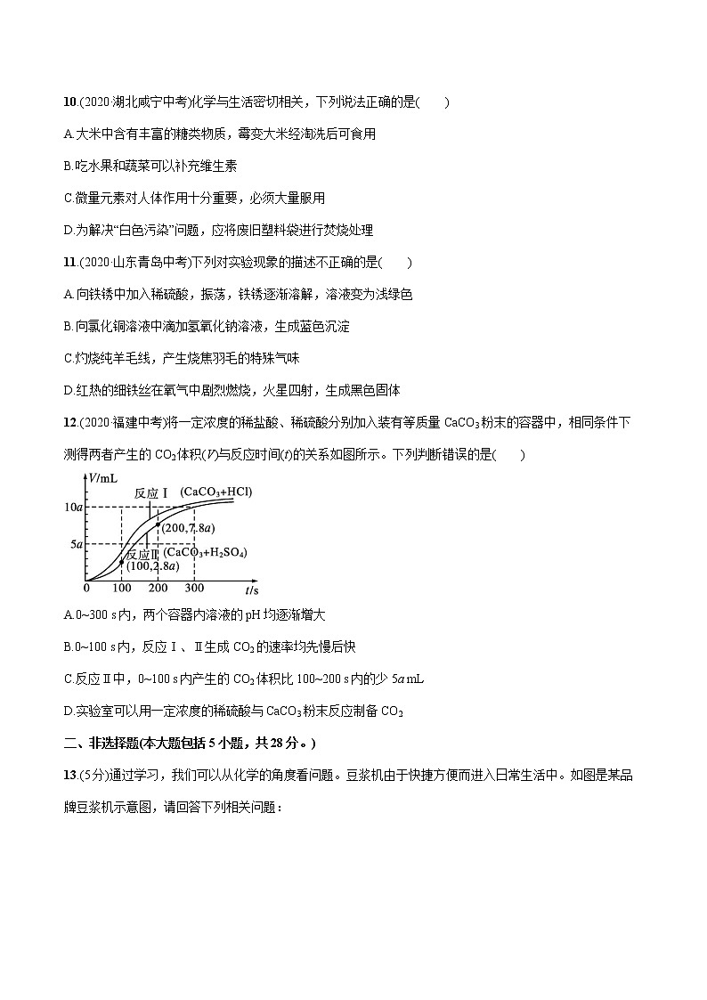 2022届初中化学一轮复习 阶段检测(五) 酸和碱 盐 化肥 化学与生活 习题03