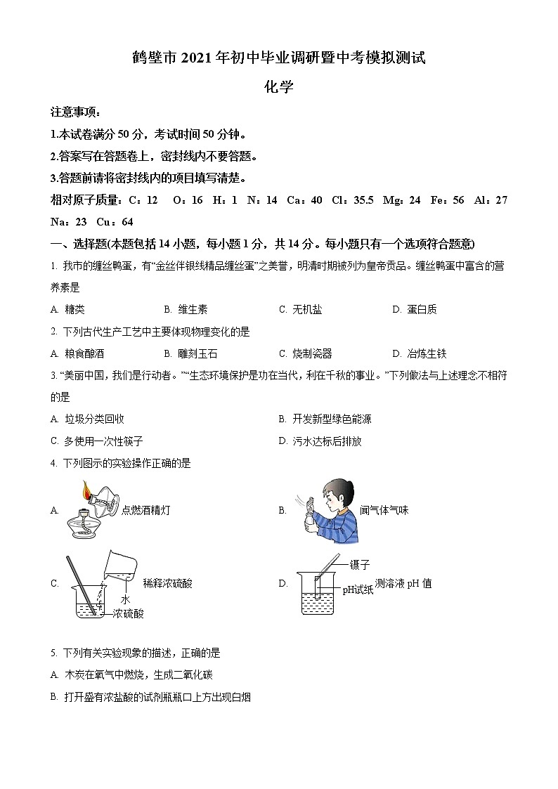 河南省鹤壁市2021年中考模拟化学试题(含答案)第1页