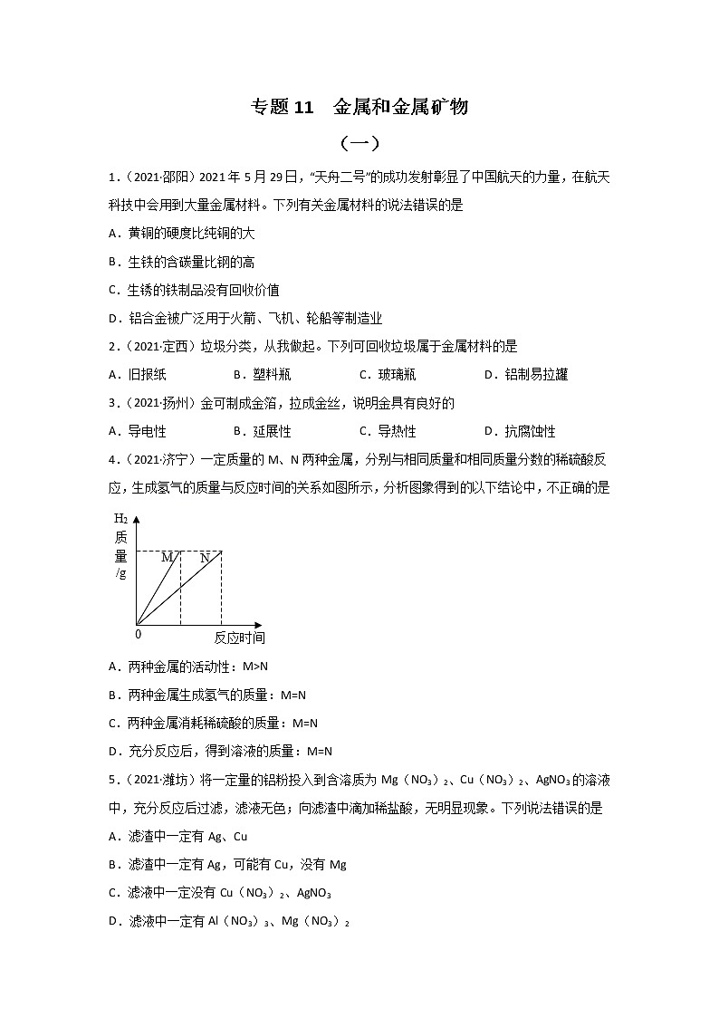 2021中考化学真题分类汇编 专题11 金属和金属矿物(学用)第1页