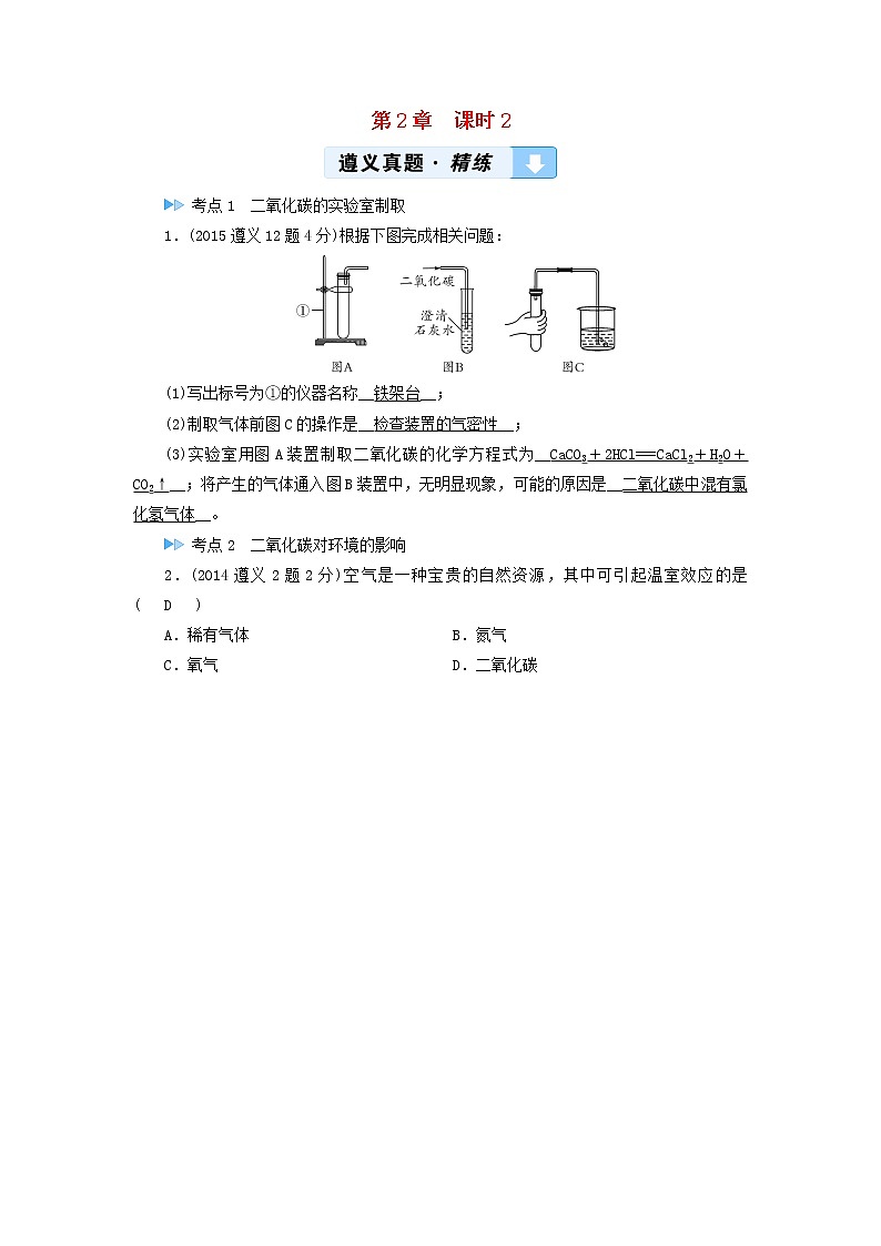 遵义专用中考化学一轮复习第2章身边的化学物质课时2奇妙的二氧化碳真题精练第1页