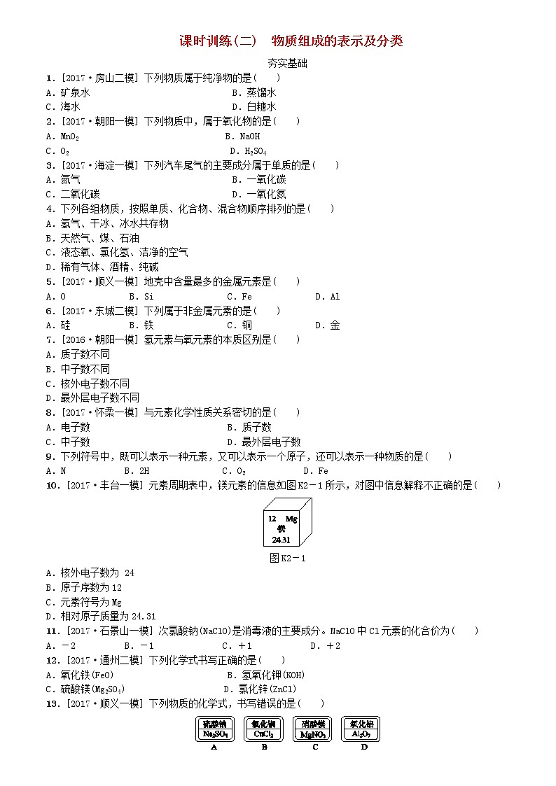 北京专版中考化学基础复习课时训练二物质组成的表示及分类练习第1页