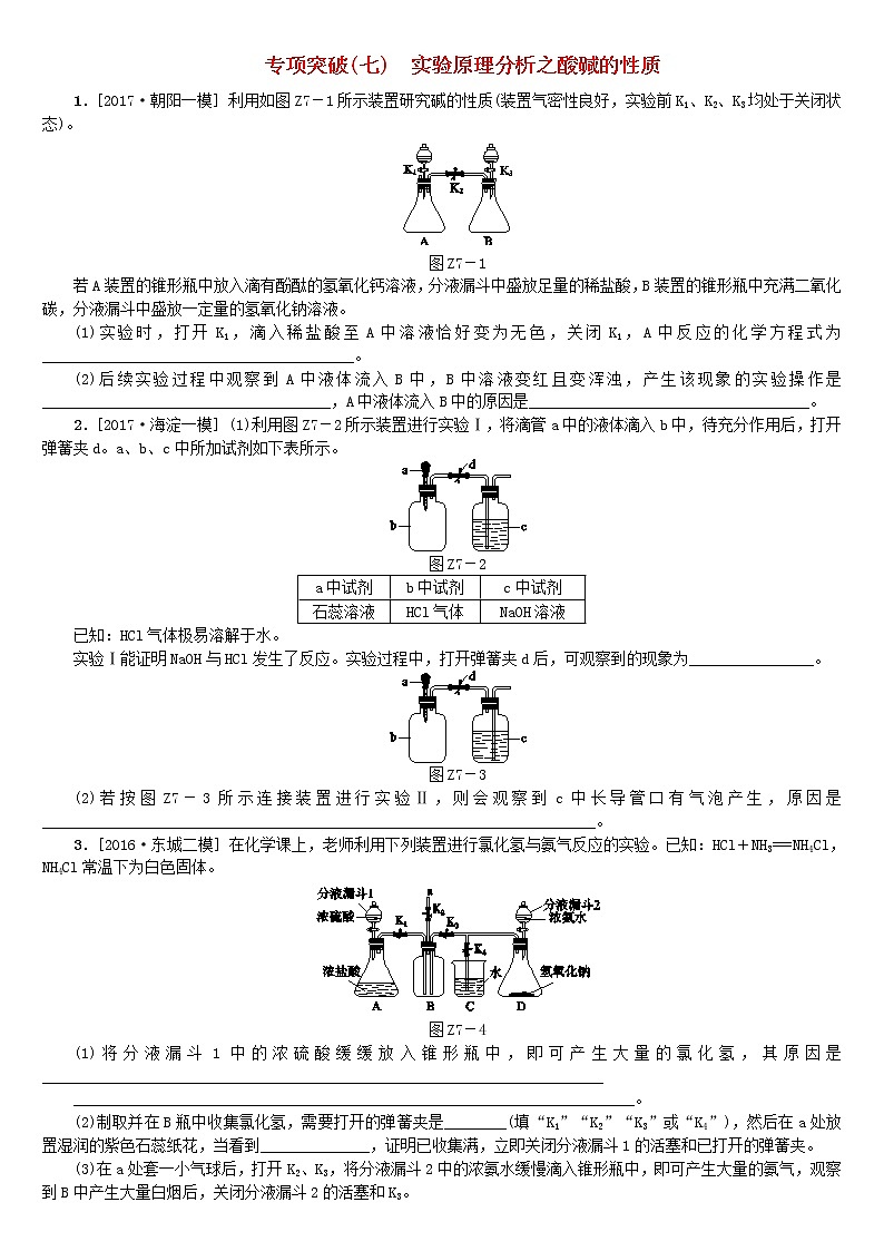 北京专版中考化学基础复习专项突破七实验原理分析之酸碱的性质练习第1页