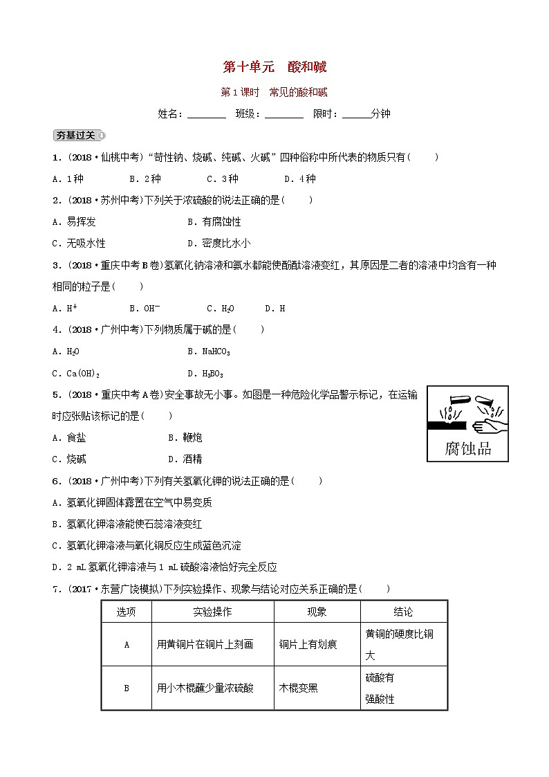 山东诗营市初中化学学业水平考试总复习第十单元酸和碱第1课时常见的酸和碱练习第1页
