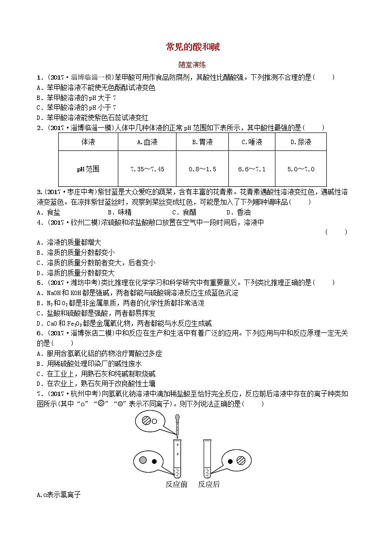 淄博专版中考化学复习九第二单元常见的酸和碱随堂演练鲁教版第1页