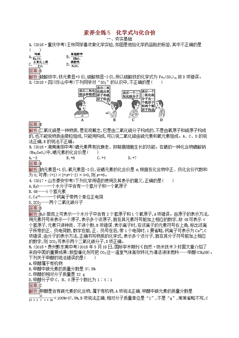 课标通用安徽省中考化学总复习练习5化学式与化合价第1页