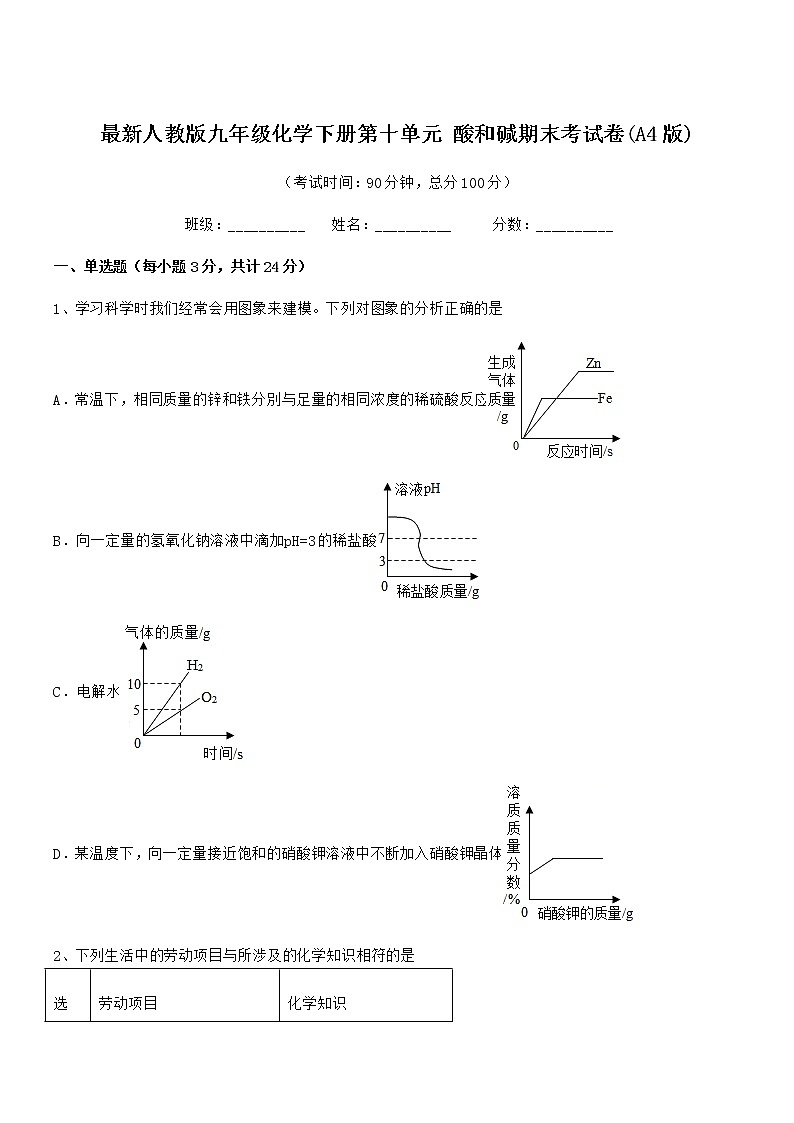 2021学年最新人教版九年级化学下册第十单元 酸和碱期末考试卷(A4版)第1页
