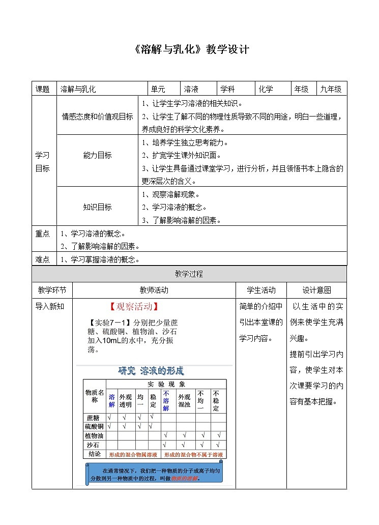 7.1 溶解与乳化(第1课时)教案第1页