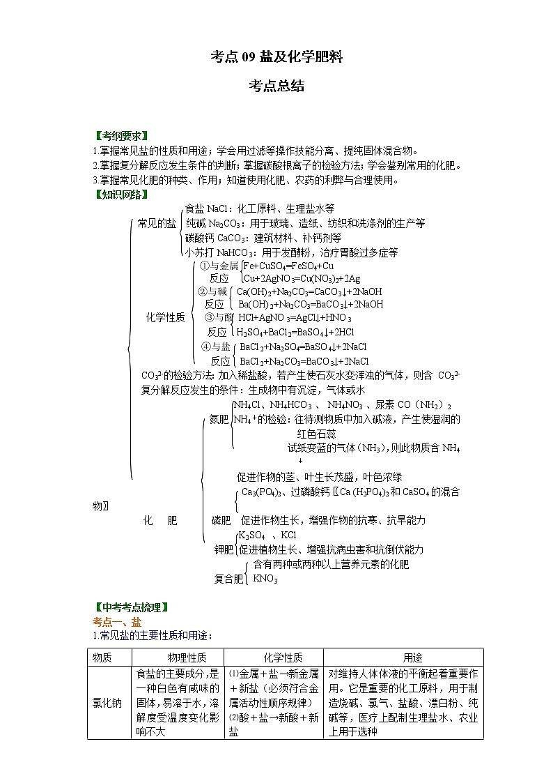 考点09盐及化学肥料(解析版)-2022年化学中考一轮过关讲练(沪教版)学案第1页