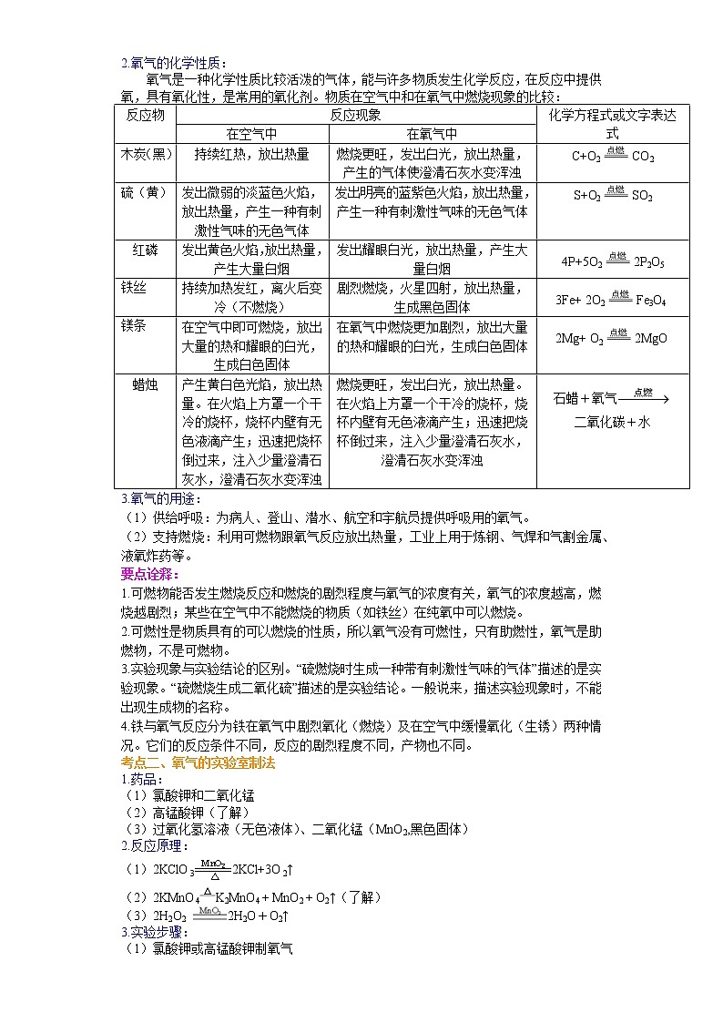 考点02氧气的性质、用途和制取归纳(解析版)-2022年化学中考一轮过关讲练(沪教版)学案02