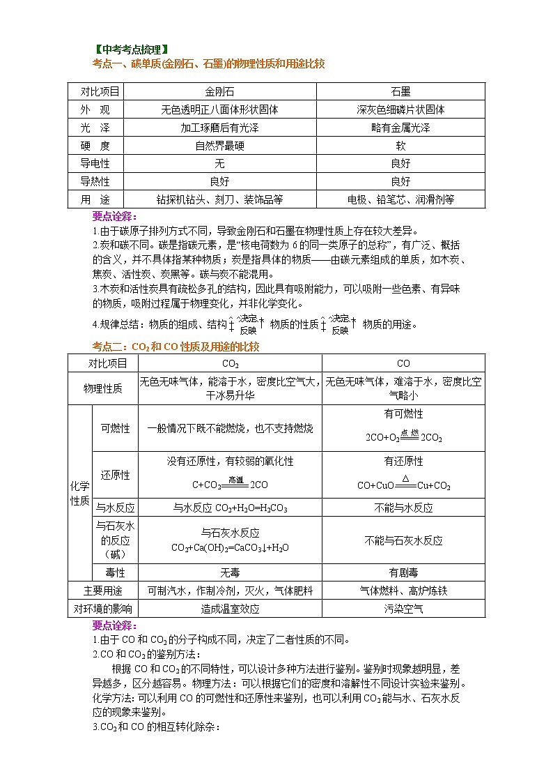 考点03碳的单质和二氧化碳、一氧化碳的对比(解析版)-2022年化学中考一轮过关讲练(沪教版)学案02