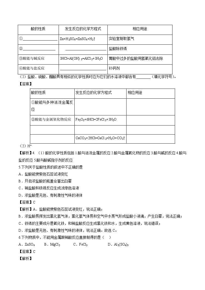 7.1 酸及其性质 (第2课时) 同步作业 初中化学鲁教版九年级下册第2页