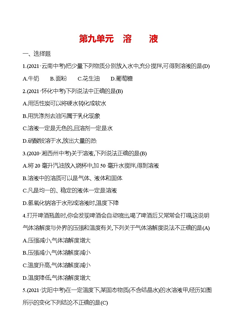 安徽中考复习 高效提分作业 第九单元 溶 液 (教师版)第1页