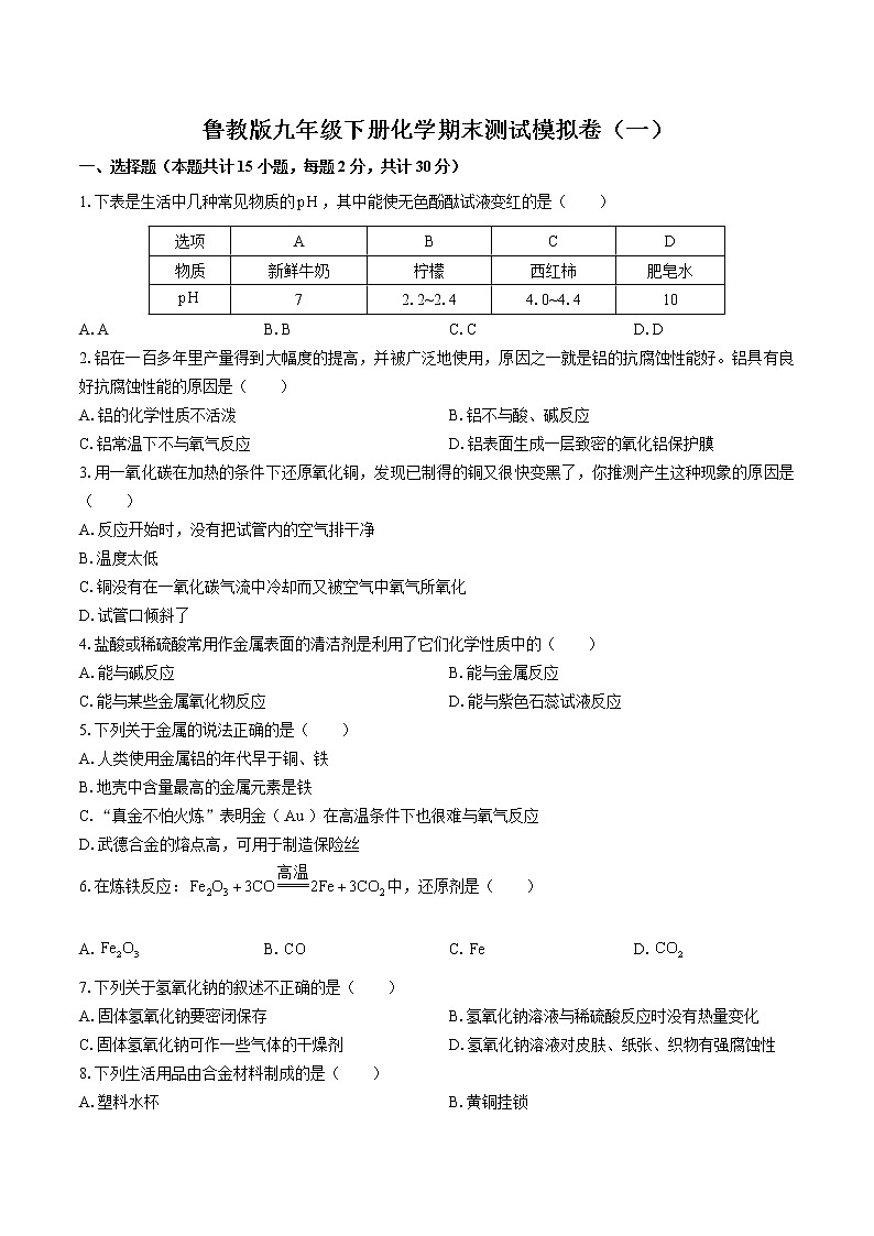 鲁教版九年级下册化学期末测试模拟卷(一)附答案第1页