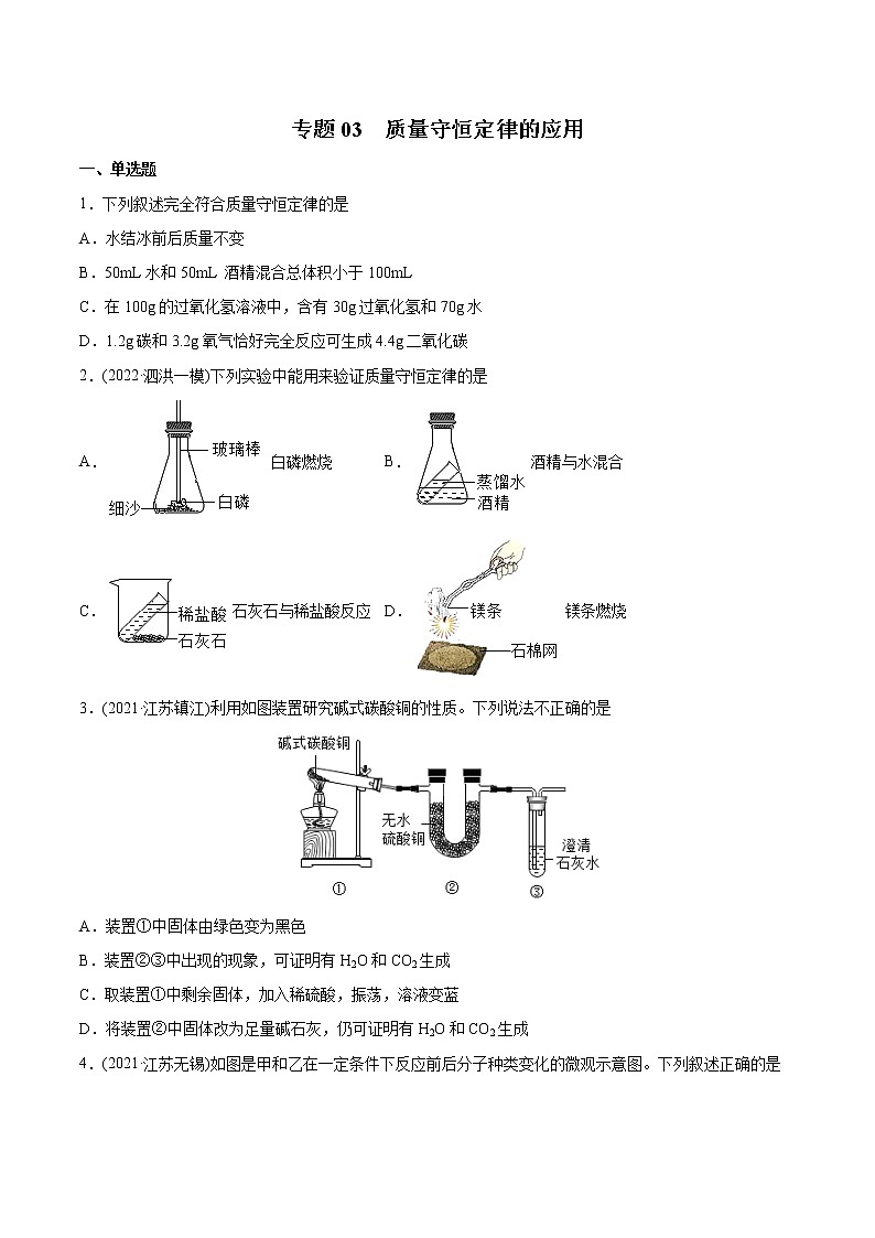 专题03 质量守恒定律的应用(专项训练)-2022年中考化学二轮复习讲练测(学生版)第1页