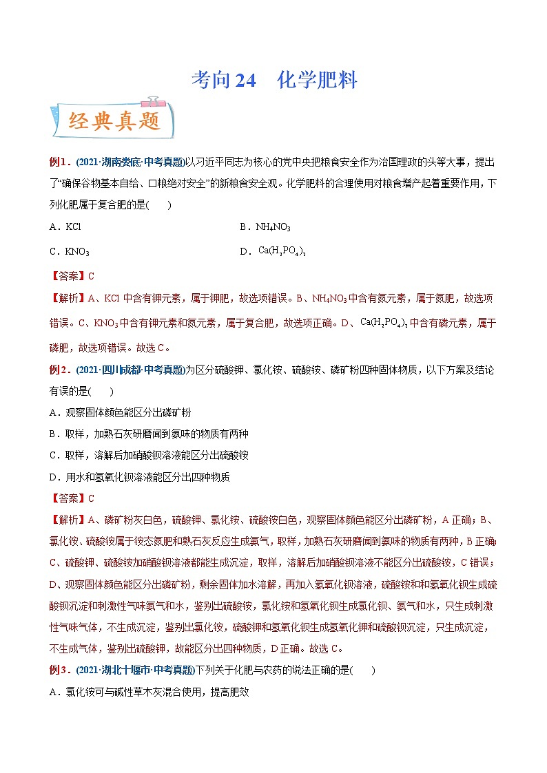 专题24 化学肥料(重点、难点)-备战2022年中考化学一轮复习考点微专题 (教师版含解析)第1页