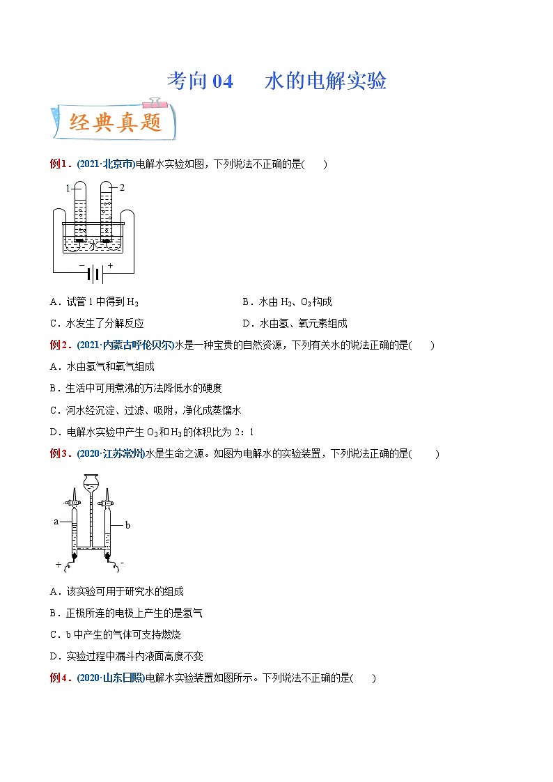 专题04 水的电解实验(重点、难点)-备战2022年中考化学一轮复习考点微专题 (学生版)第1页