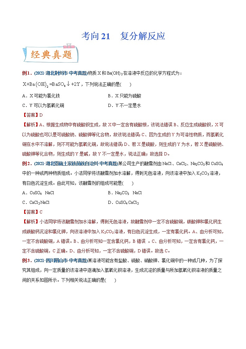 专题21  复分解反应(重点、难点)-备战2022年中考化学一轮复习考点微专题 (教师版含解析)第1页
