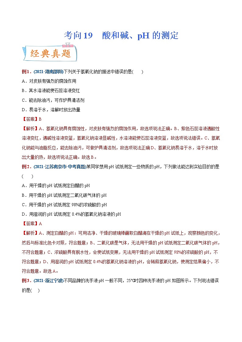 专题19 酸和碱、pH的测定(重点、难点)-备战2022年中考化学一轮复习考点微专题 (教师版含解析)第1页