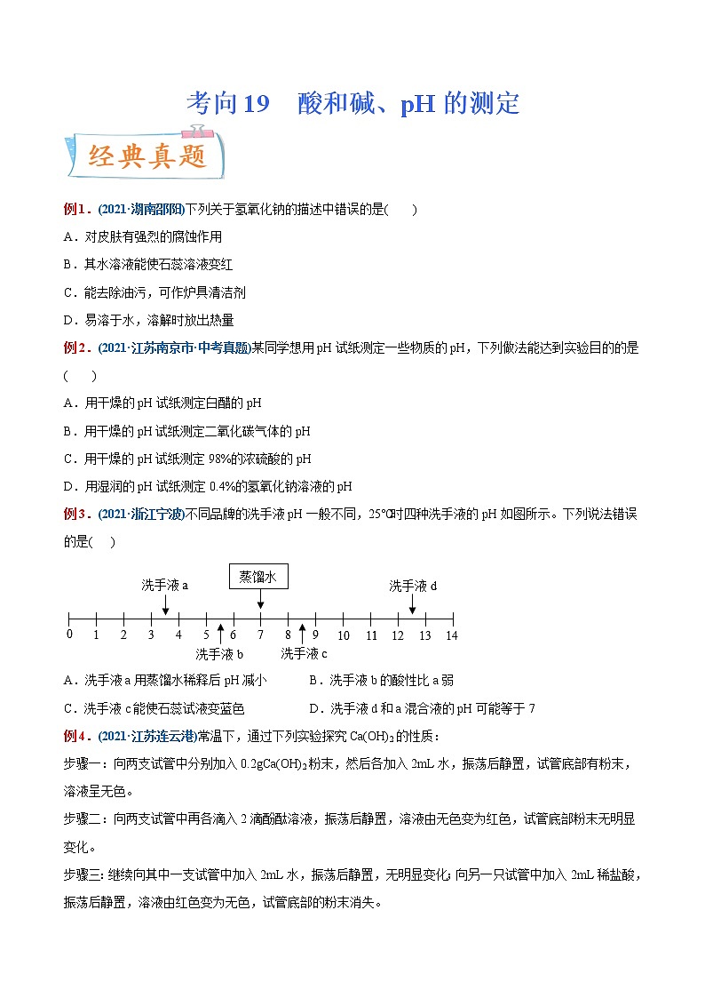 专题19 酸和碱、pH的测定(重点、难点)-备战2022年中考化学一轮复习考点微专题 (学生版)第1页