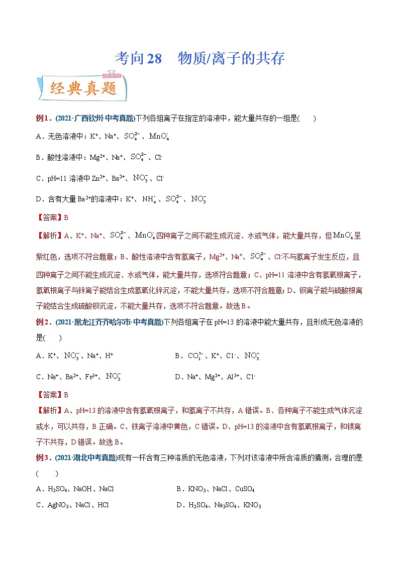 专题28  物质、离子的共存(重点、难点)-备战2022年中考化学一轮复习考点微专题 (教师版含解析)第1页