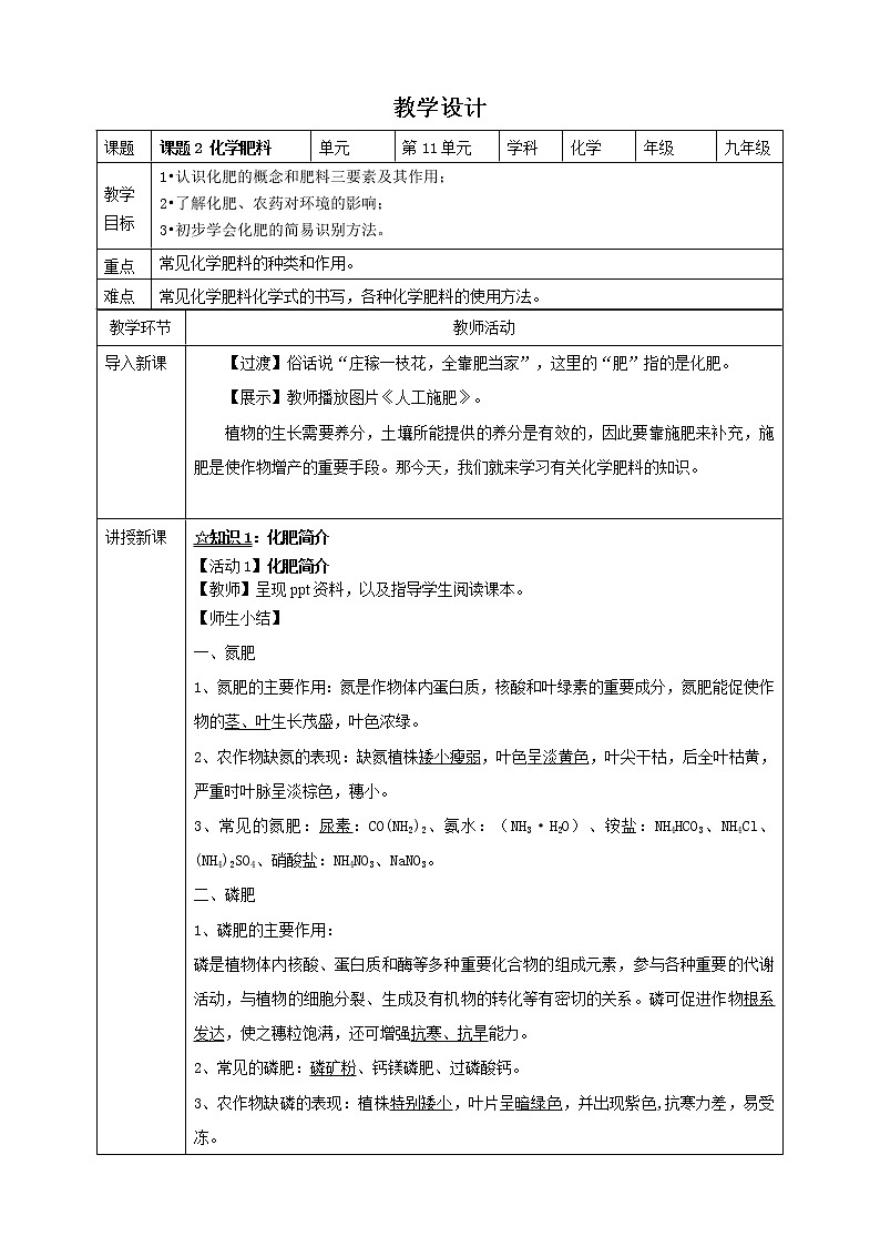 11.2 化學(xué)肥料 教學(xué)設(shè)計(jì)第1頁