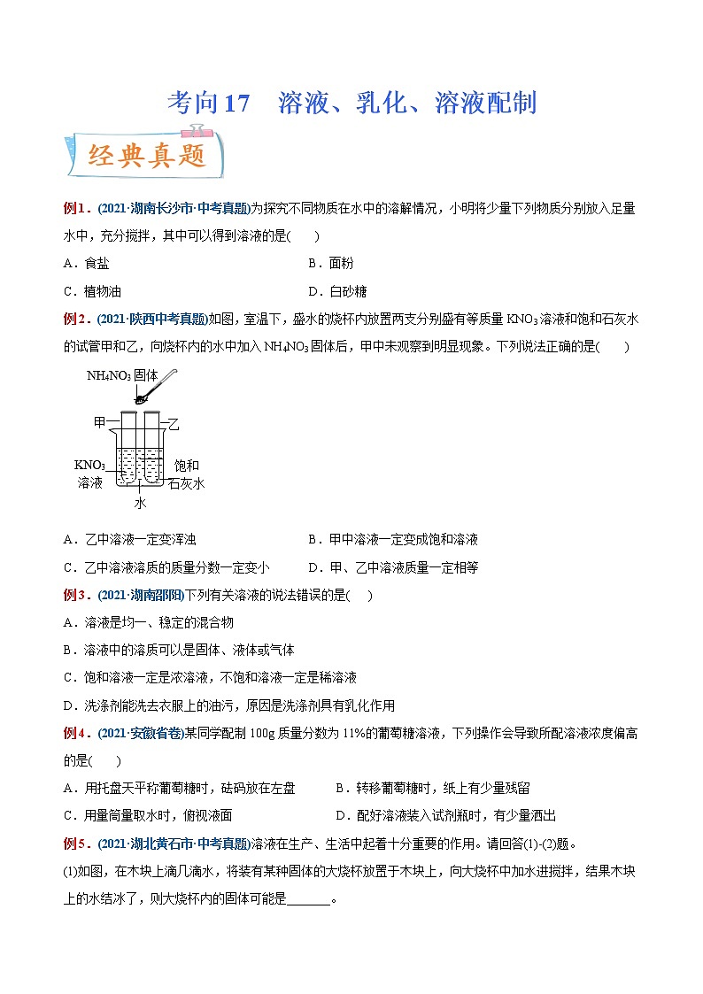 专题17  溶液、乳化、溶液配制(重点、难点)-备战2022年中考化学一轮复习考点微专题 (学生版)第1页
