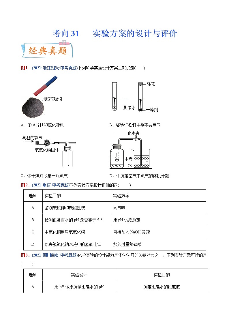 专题31 实验方案的设计与评价(重点、难点)-备战2022年中考化学一轮复习考点微专题 (学生版)第1页