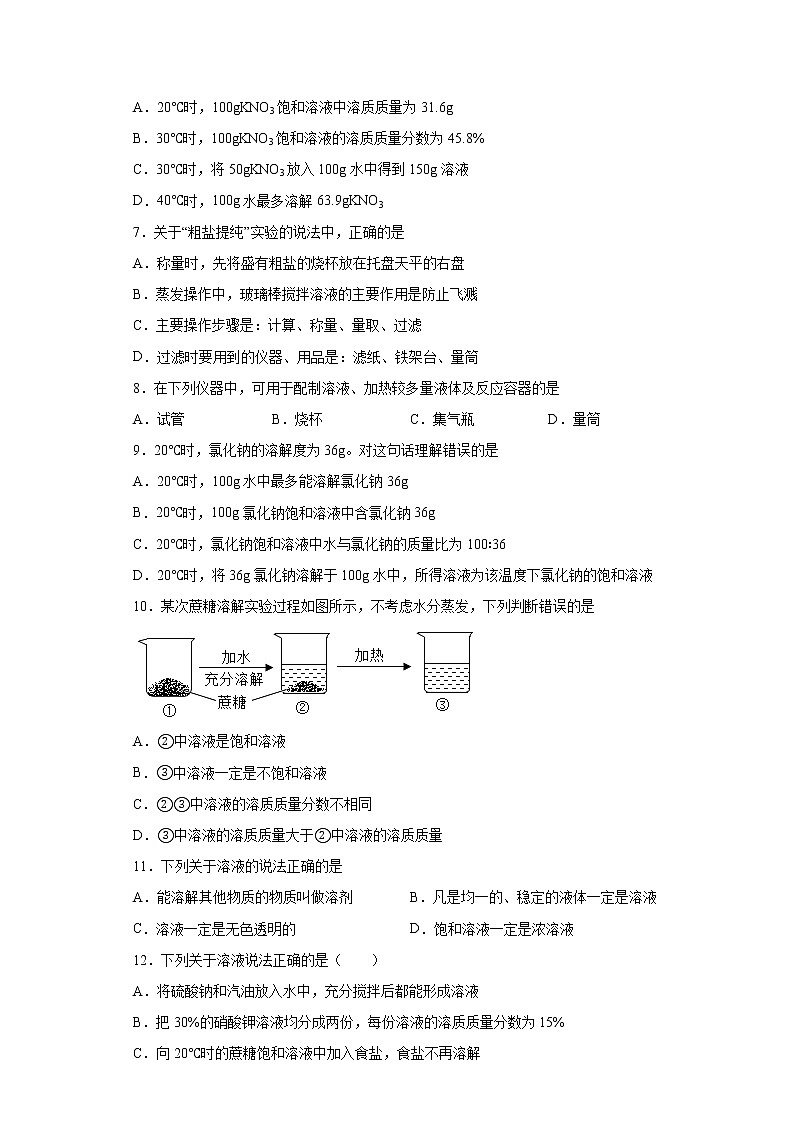 第6章 溶解现象测试题— 2021-2022学年九年级化学沪教版(全国)下册(word版含答案)第2页