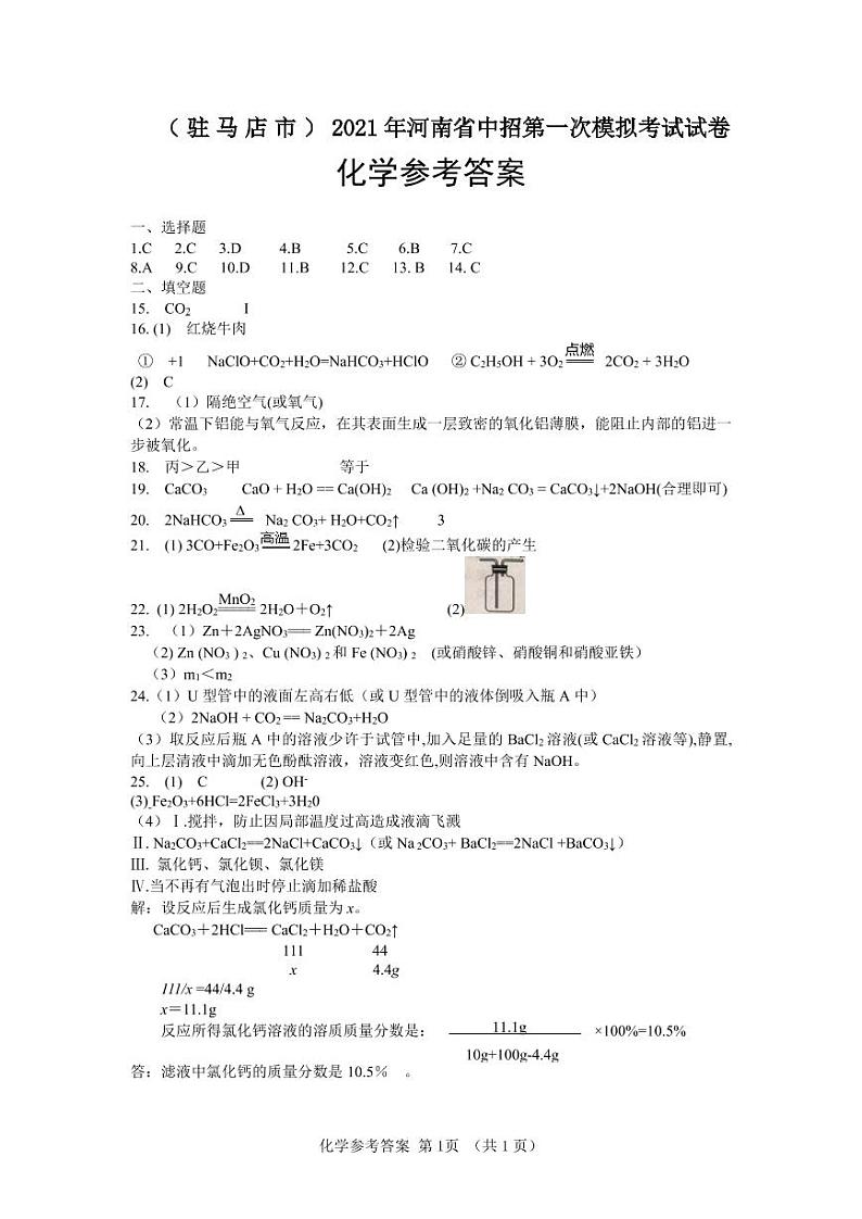 2021年河南省(驻马店市) 中招第一次模拟考试化学试题01