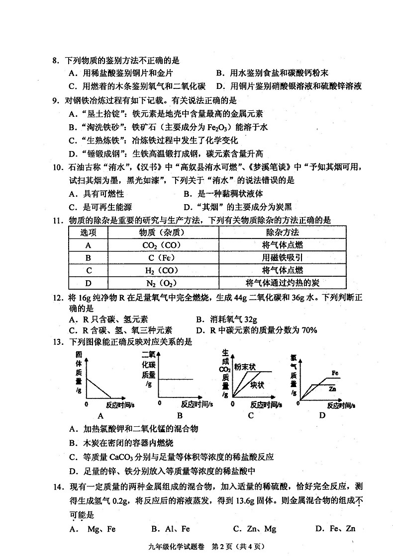 河南省南阳市宛城区2021年秋期期末考试试卷 九年级化学第2页