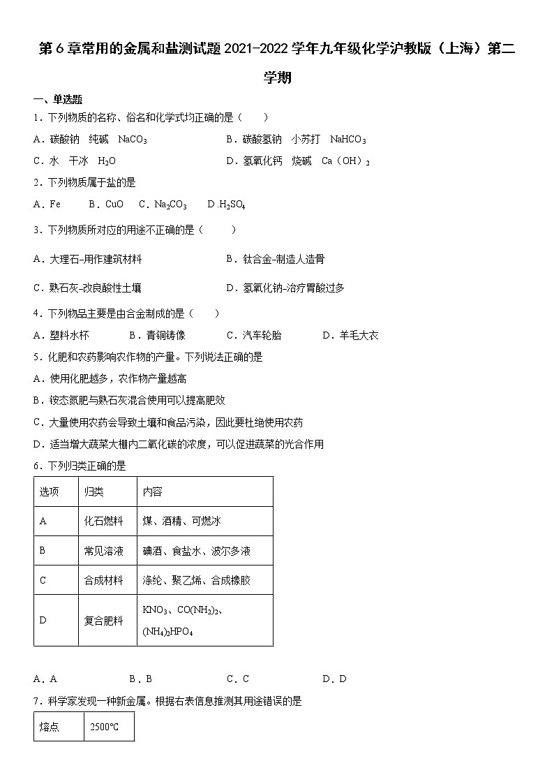 第6章常用的金属和盐测试题---2021-2022学年九年级化学沪教版(上海)第二学期(word版含答案)第1页