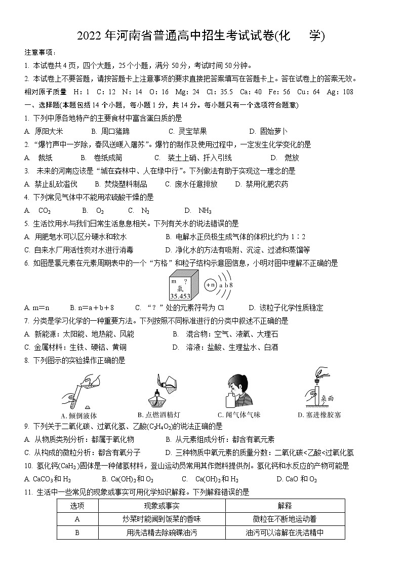 2022年河南省普通高中招生考试试卷(化 学)01