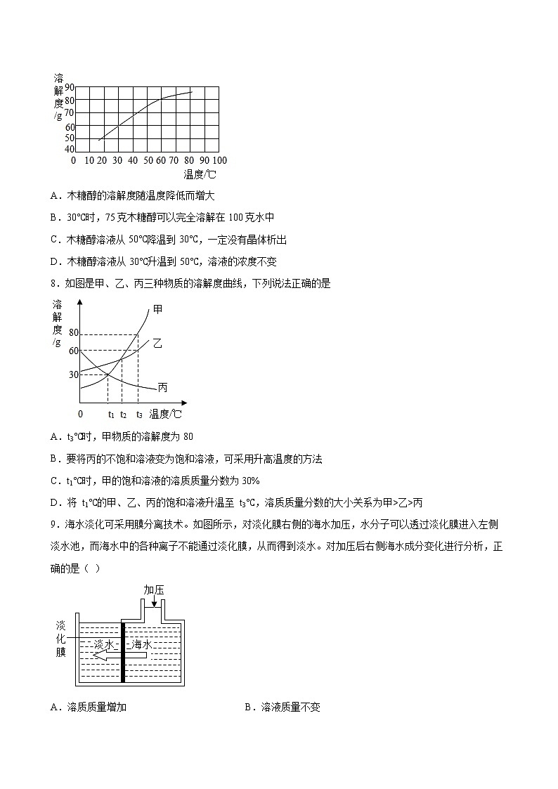 9.3溶液的浓度基础练习-2021-2022学年九年级化学人教版下册(word版含答案)第3页