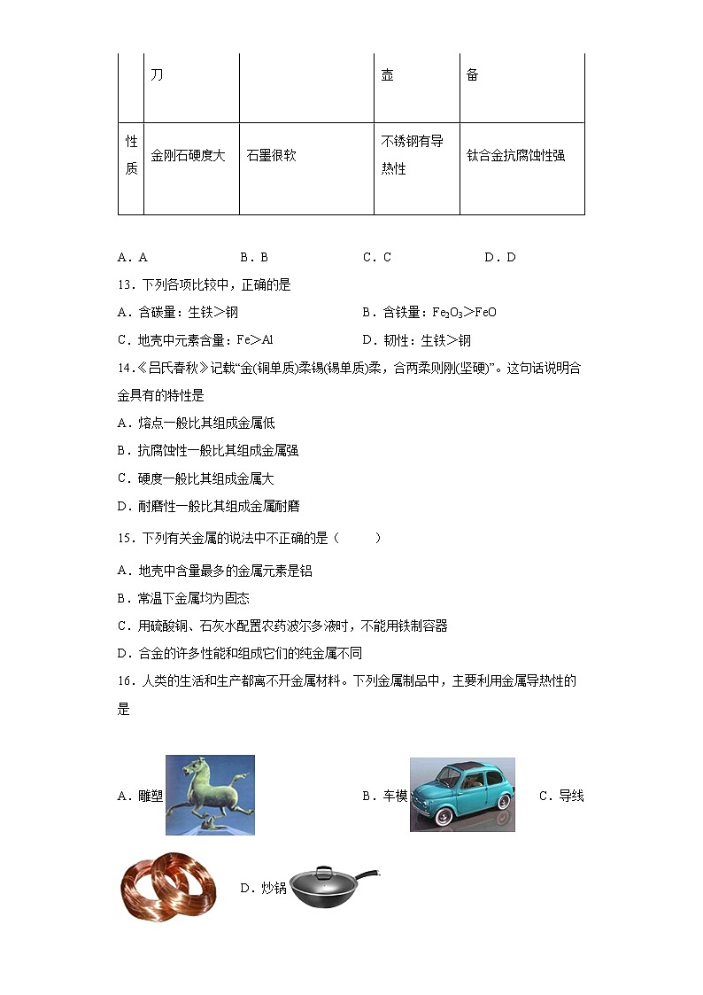 6.1金属材料的物理特性同步练习-2021-2022学年九年级化学科粤版(2012)下册(word版含答案)第3页