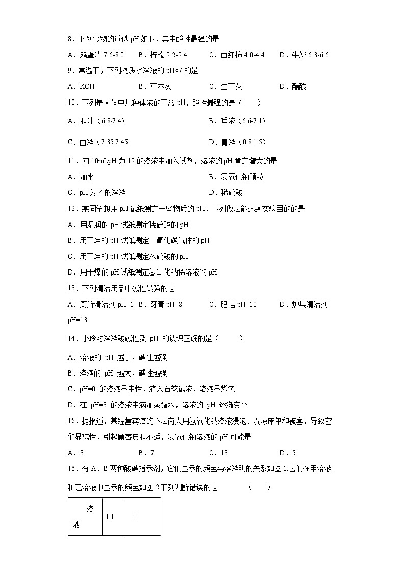8.1溶液的酸碱性同步练习-2021-2022学年九年级化学科粤版(2012)下册(word版含答案)第2页