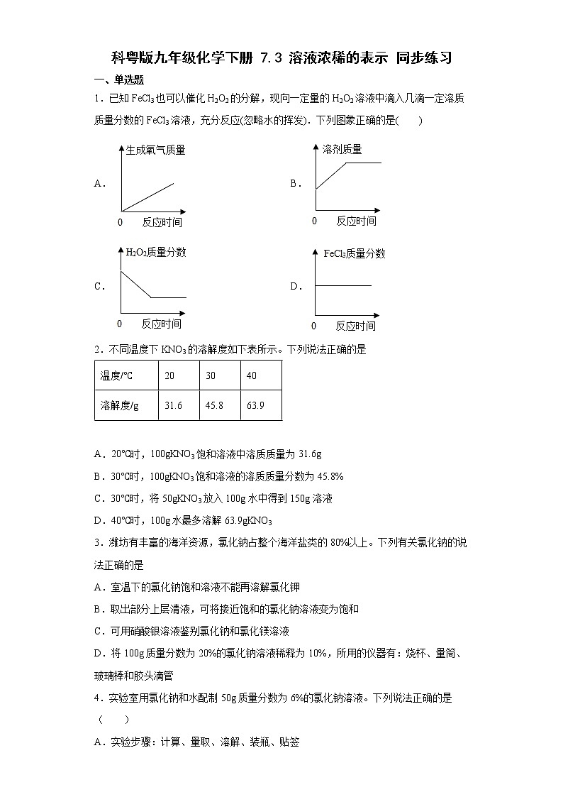 7.3溶液浓稀的表示同步练习-2021-2022学年九年级化学科粤版(2012)下册(word版含答案)第1页
