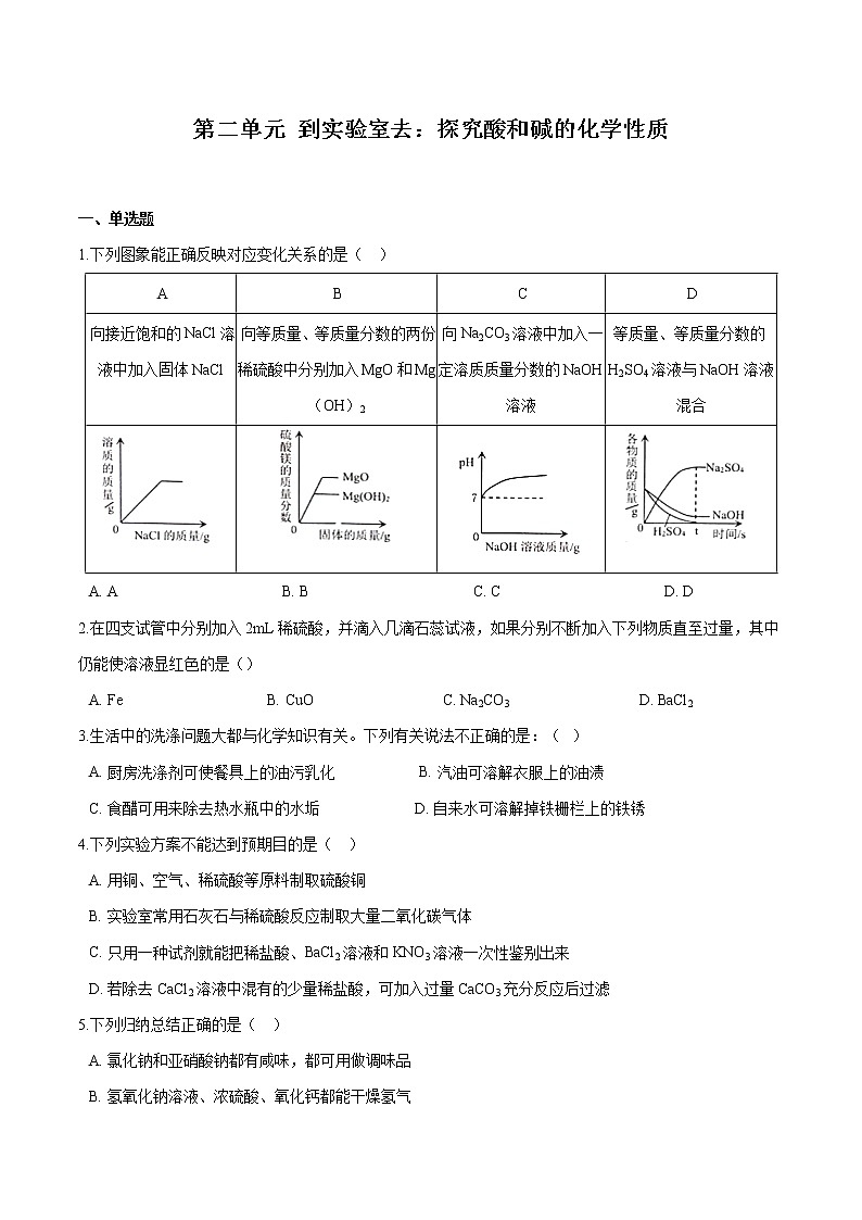 第二单元 到实验室去:探究酸和碱的化学性质 同步习题 初中化学鲁教版(五四学制)九年级全一册(2022年)第1页