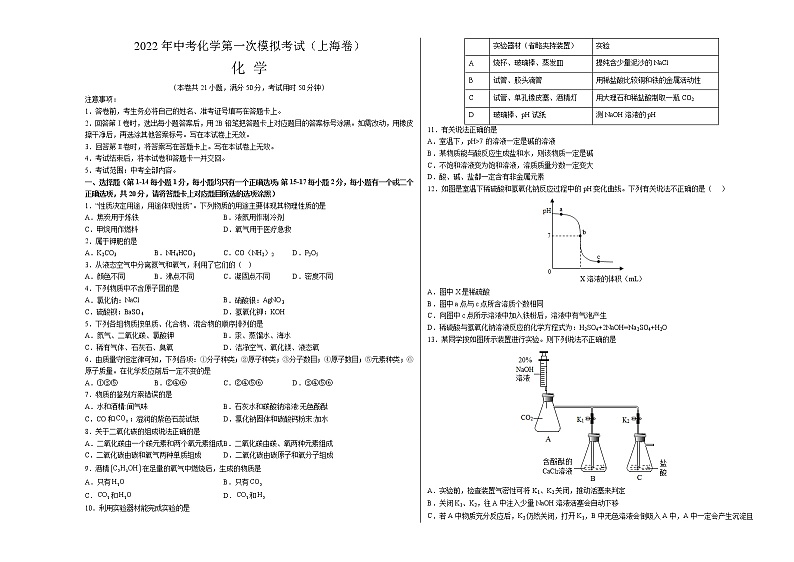 (上海卷)2022年中考化学第一次模拟考试(考试版)第1页