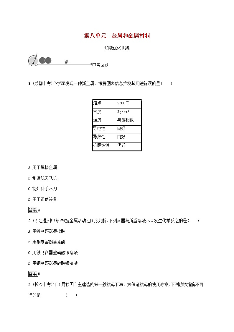 中考化学一轮复习基础知识过关08金属和金属材料知能优化训练 (含答案)01