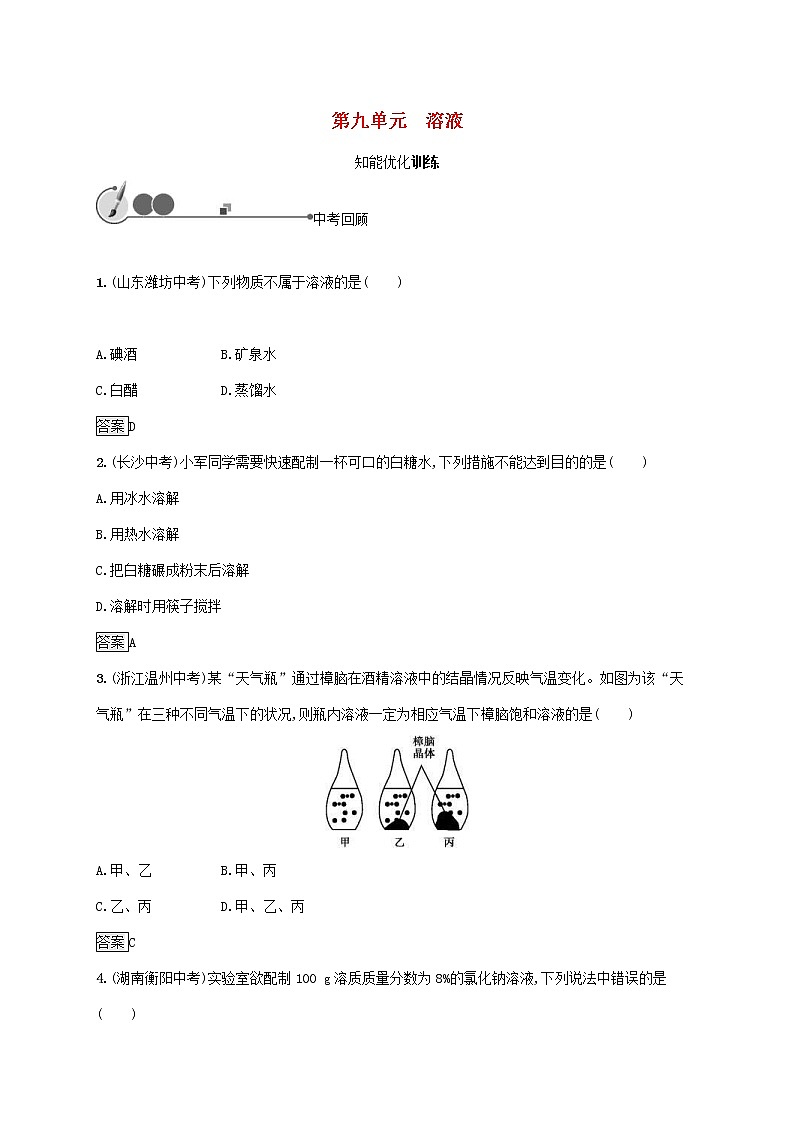 中考化学一轮复习基础知识过关09溶液知能优化训练 (含答案)01