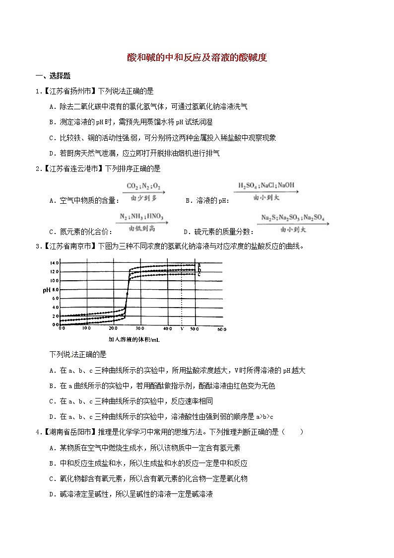 中考化学知识分类汇编练习卷: 酸和碱的中和反应及溶液的酸碱度(无答案)第1页