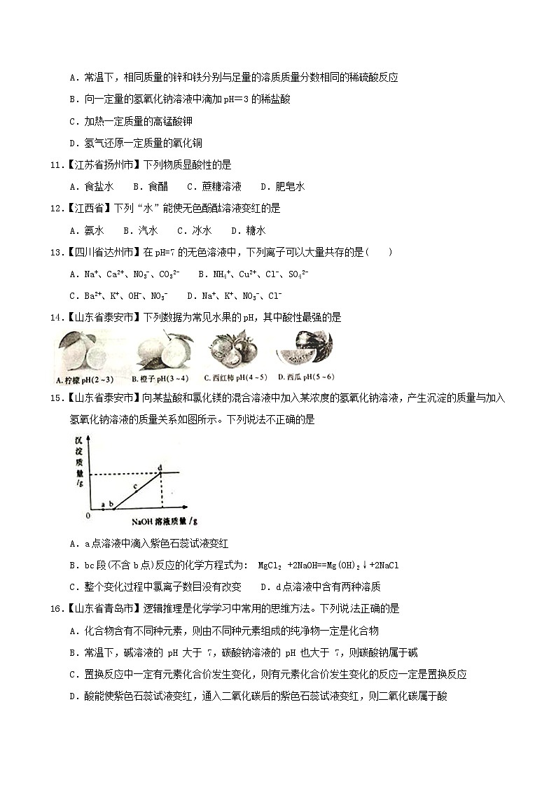 中考化学知识分类汇编练习卷: 酸和碱的中和反应及溶液的酸碱度(无答案)第3页