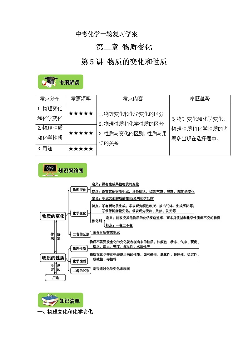 2022年中考化学一轮复习第二章物质的变化第5讲物质的变化和性质试题第1页
