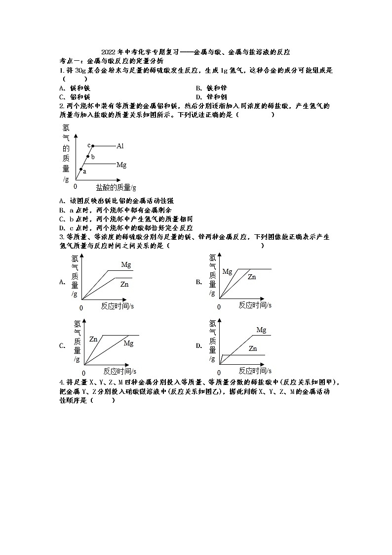 2022年中考化学专题复习——金属与酸、金属与盐溶液的反应第1页
