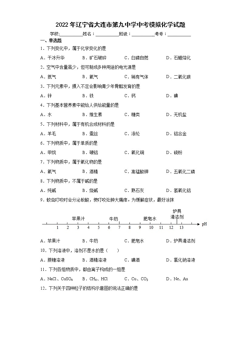 2022年辽宁省大连市第九中学中考模拟化学试题(word版含答案)01