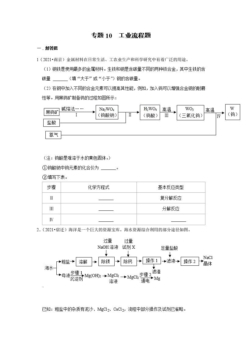 (2019-2021)江蘇中考化學(xué)真題分項匯編專題10 工業(yè)流程題第1頁
