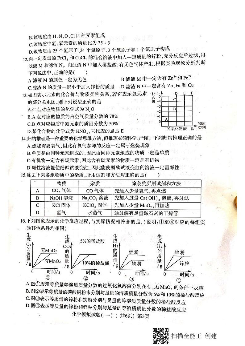 2021年山东省聊城市一城四区(东昌府等四区)中考二模化学试题及答案03