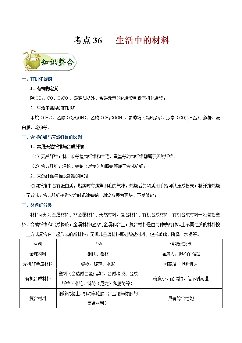 【专项练习】2021年中考化学分类汇编 考点36 生活中的材料第1页