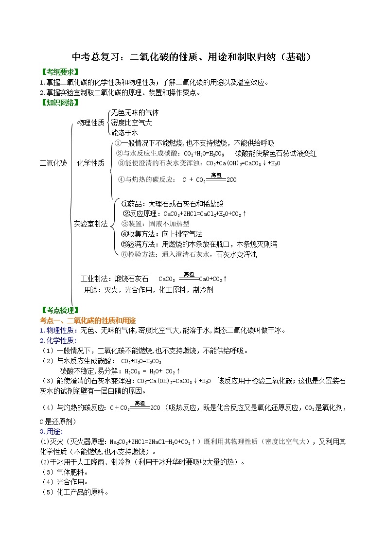 【专项练习】2021年中考化学分类汇编 07总复习：二氧化碳的性质、用途和制取归纳(基础)01